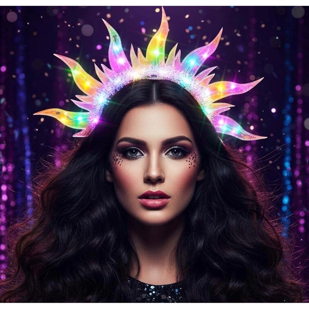 NWT LED Fire Headband Iridescent Light Up Sunburst Festival Rave Crown Accessory